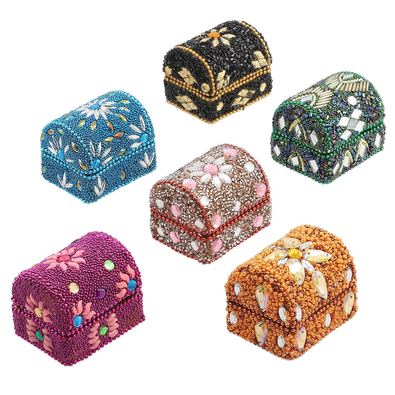 Set of 6 Handcrafted & Beaded Treasure Chest - Multi
