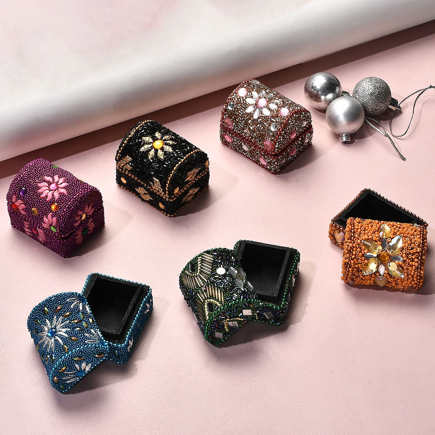 Set of 6 Handcrafted & Beaded Treasure Chest - Multi