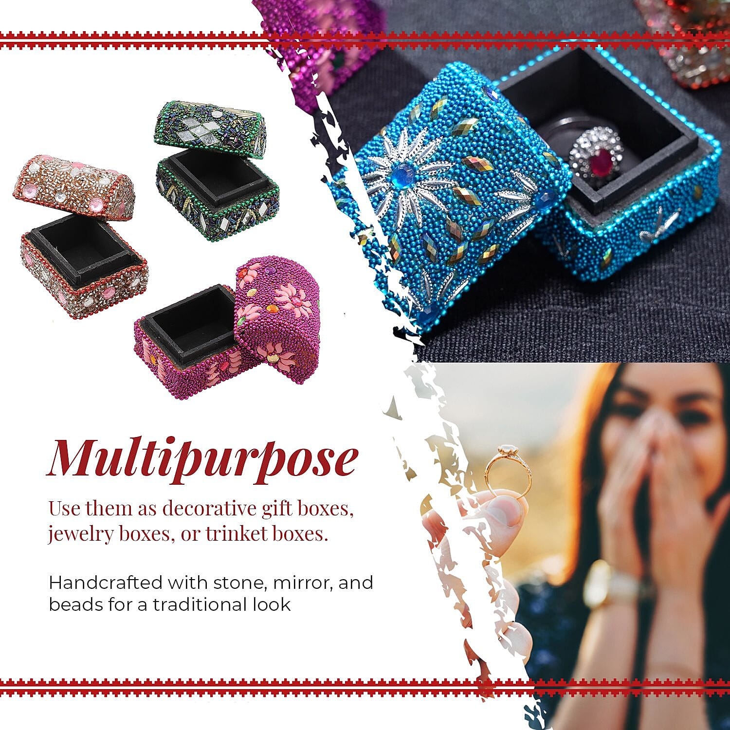 Set of 6 Handcrafted & Beaded Treasure Chest - Multi