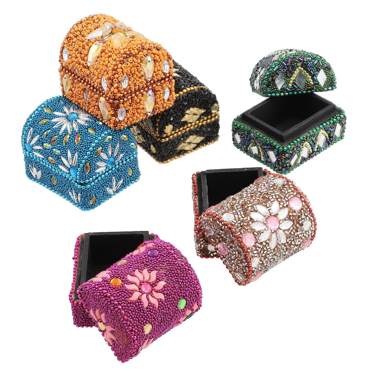 Set of 6 Handcrafted & Beaded Treasure Chest - Multi
