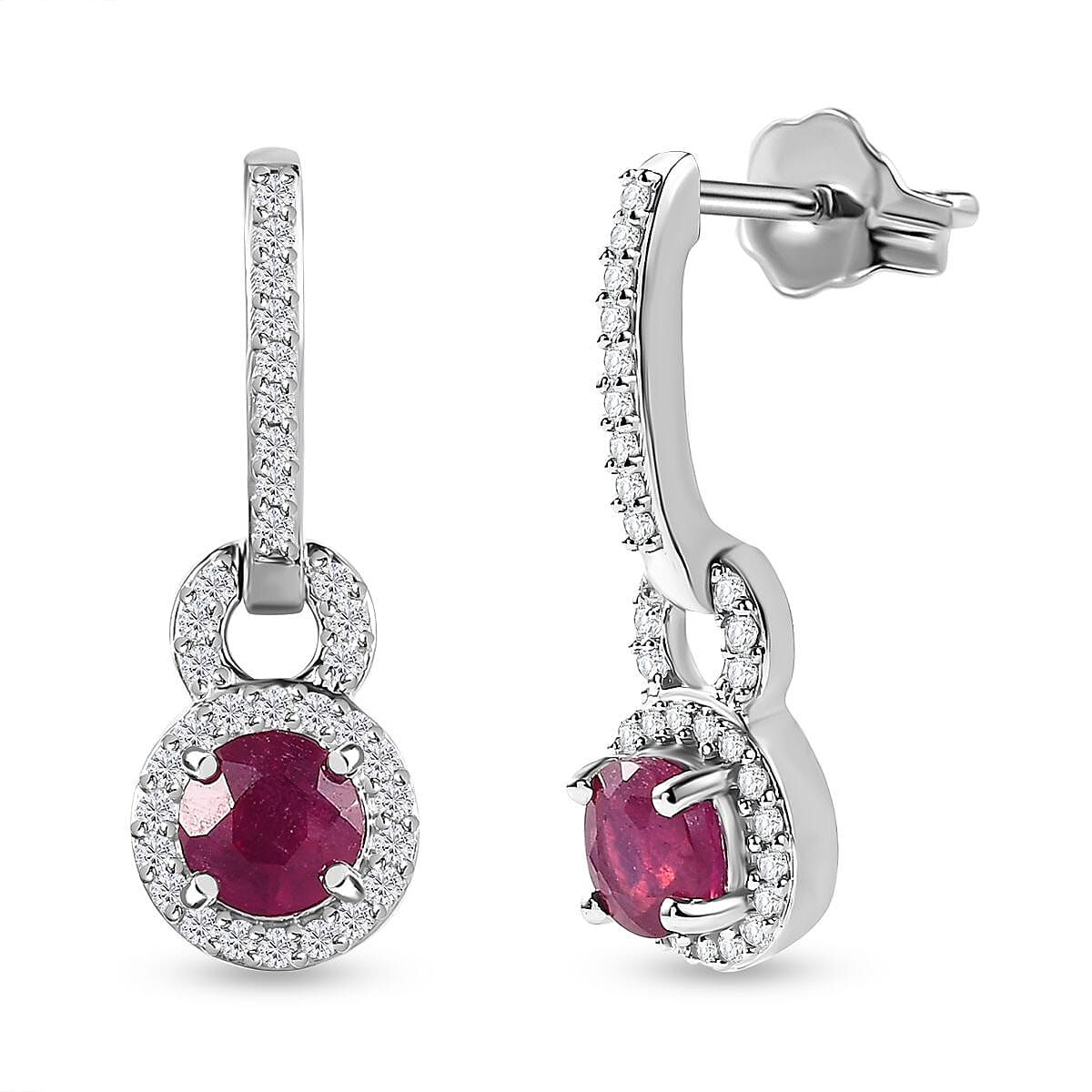 9K White Gold AA African Ruby , Moissanite Solitaire Stud Push Post Earring 1.82 ct, Gold Wt. 2.83 Gms 1.818 Ct.