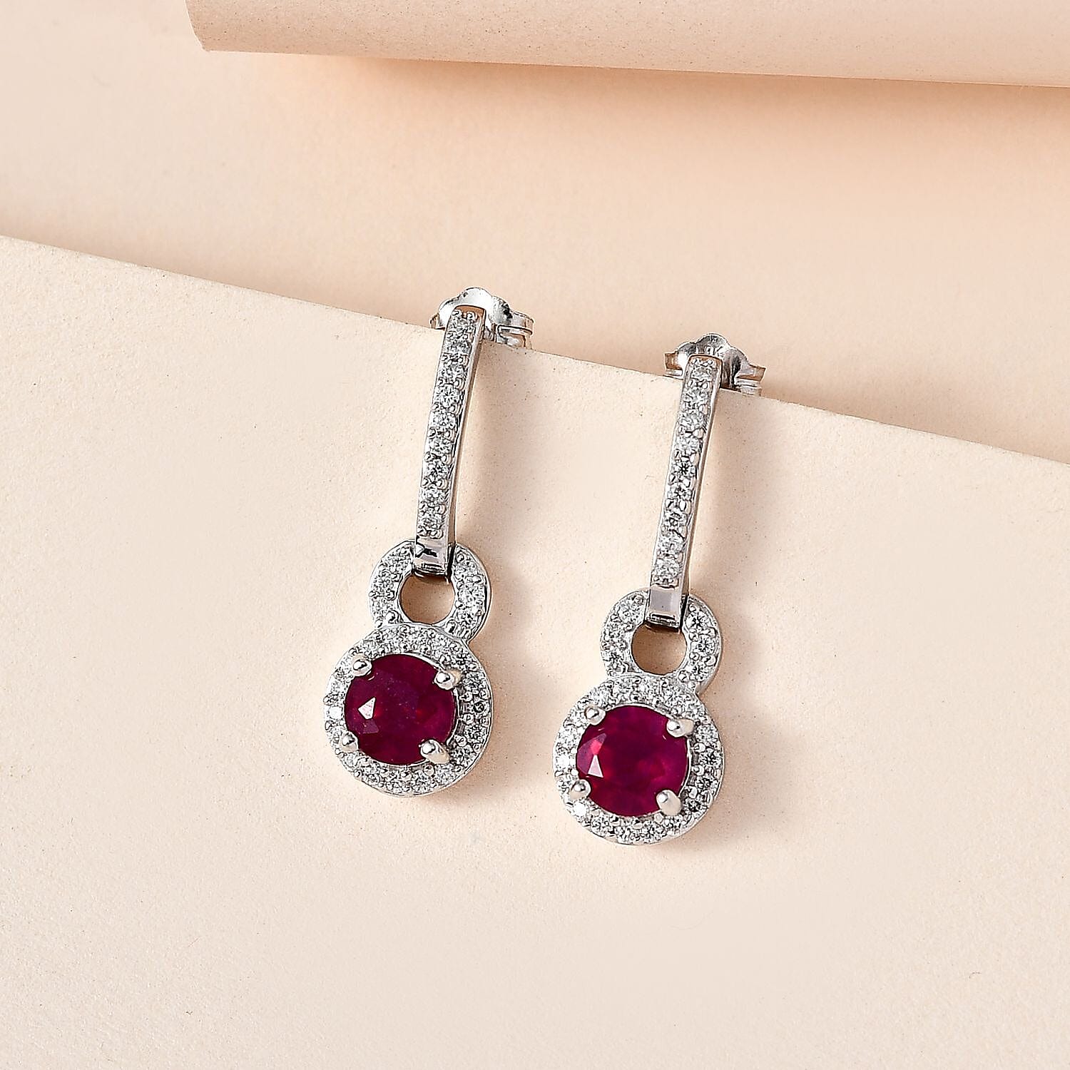 9K White Gold AA African Ruby , Moissanite Solitaire Stud Push Post Earring 1.82 ct, Gold Wt. 2.83 Gms 1.818 Ct.