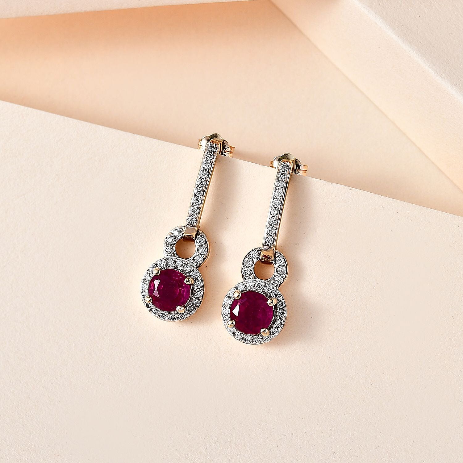 9K Yellow Gold African Ruby & Moissanite Earrings 1.82 Ct.