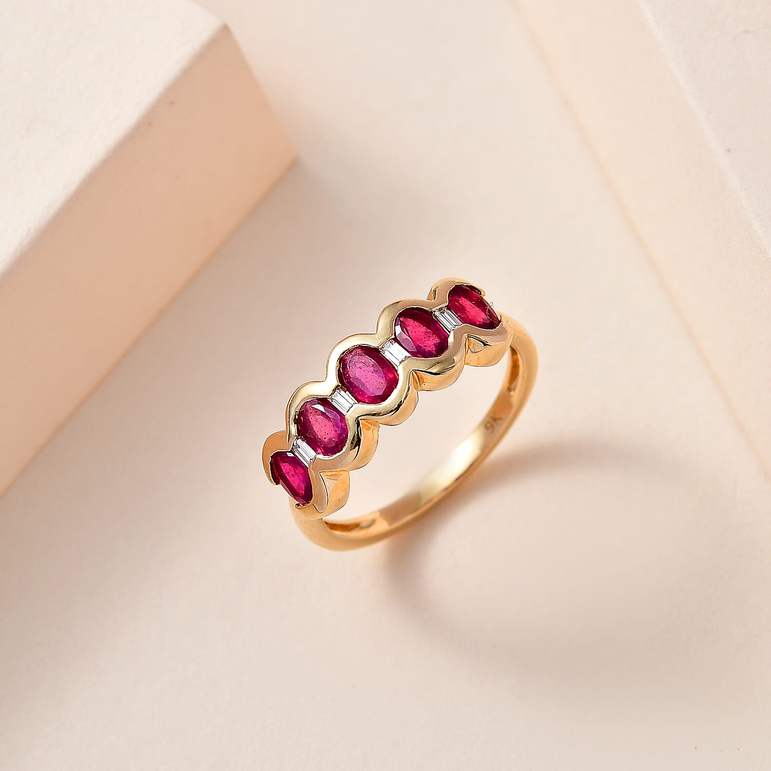 9K Yellow Gold African Ruby & Moissanite Band Ring 1.81 Ct