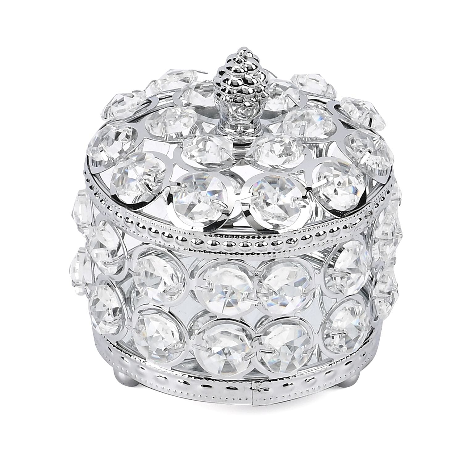 Round Crystal Studded Trinket Box (Size 10x10x9 cm) - Silver