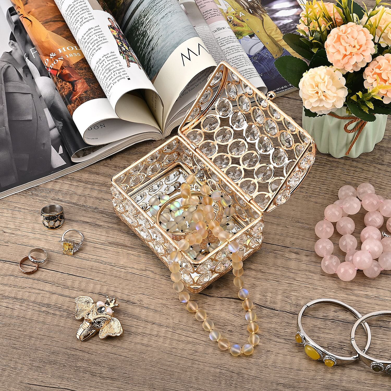 Exquisite Arch Design Sparkling Crystal Jewellery Box With a Gorgeous Mirrored Base (Size 13x9x8 cm) - Gold