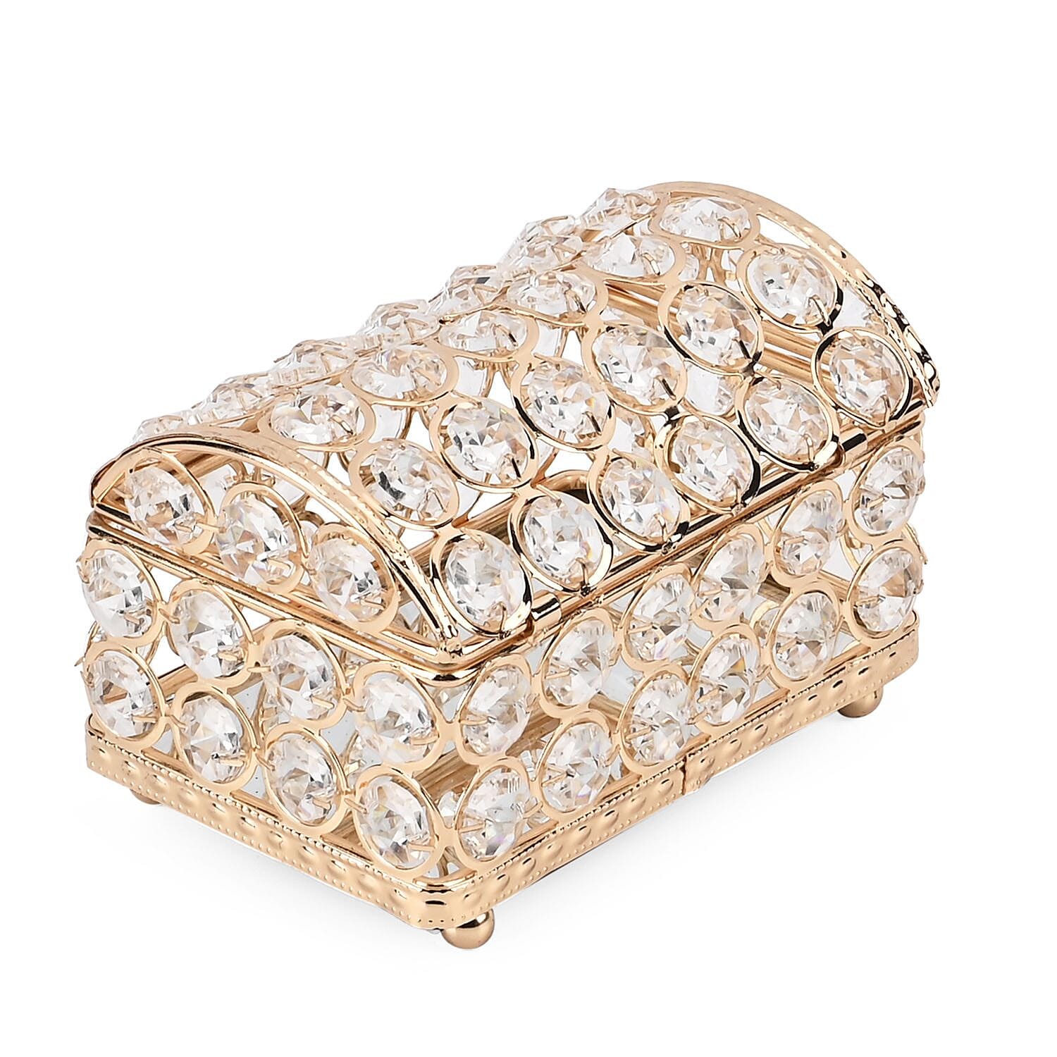 Exquisite Arch Design Sparkling Crystal Jewellery Box With a Gorgeous Mirrored Base (Size 13x9x8 cm) - Gold