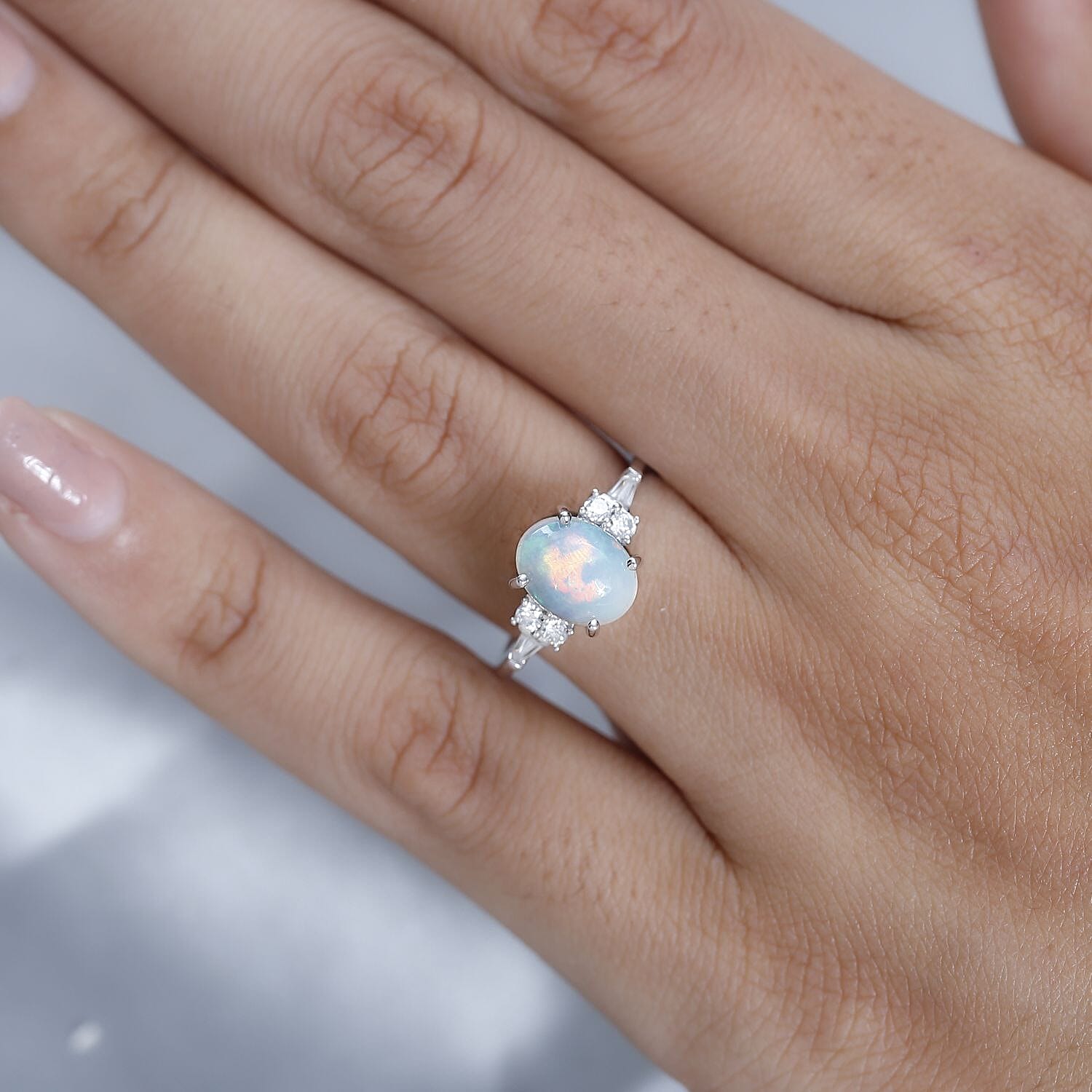 9K White Gold  Ethiopian Welo Opal, Moissanite Ring 1.50 ct,  Gold Wt. 2.2 Gms