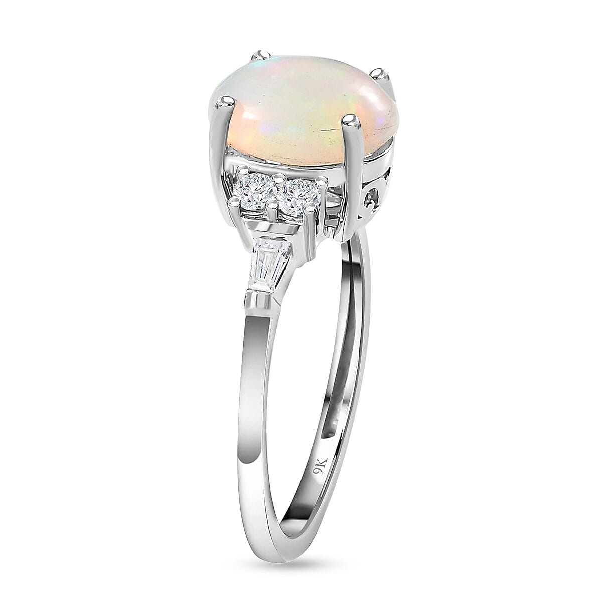 9K White Gold  Ethiopian Welo Opal, Moissanite Ring 1.50 ct,  Gold Wt. 2.2 Gms