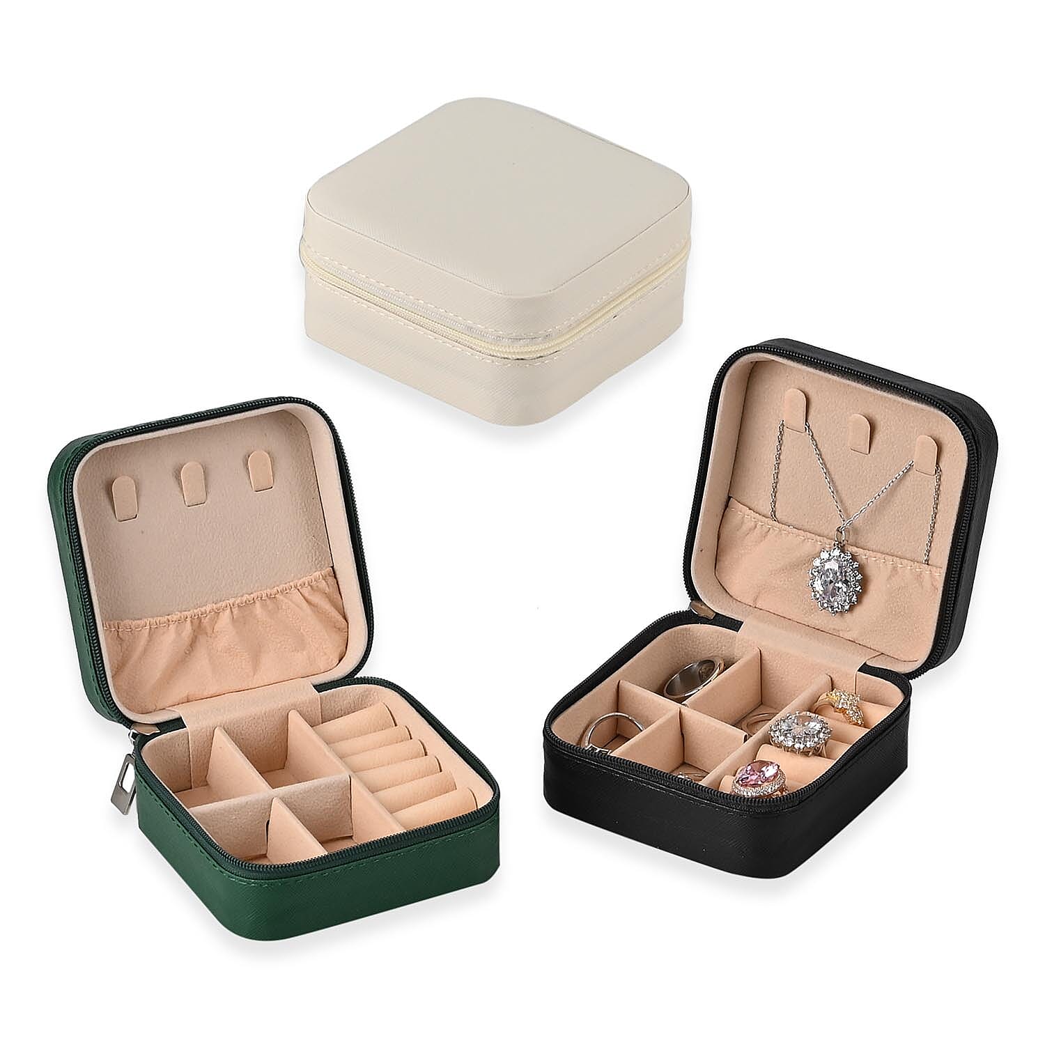 Set of 3 Jewellery Box With Soft Velvet Interior & 3 Hooks (Size 10x10x5 cm) - Black, White & Green
