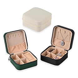 Set of 3 Jewellery Box With Soft Velvet Interior & 3 Hooks (Size 10x10x5 cm) - Black, White & Green