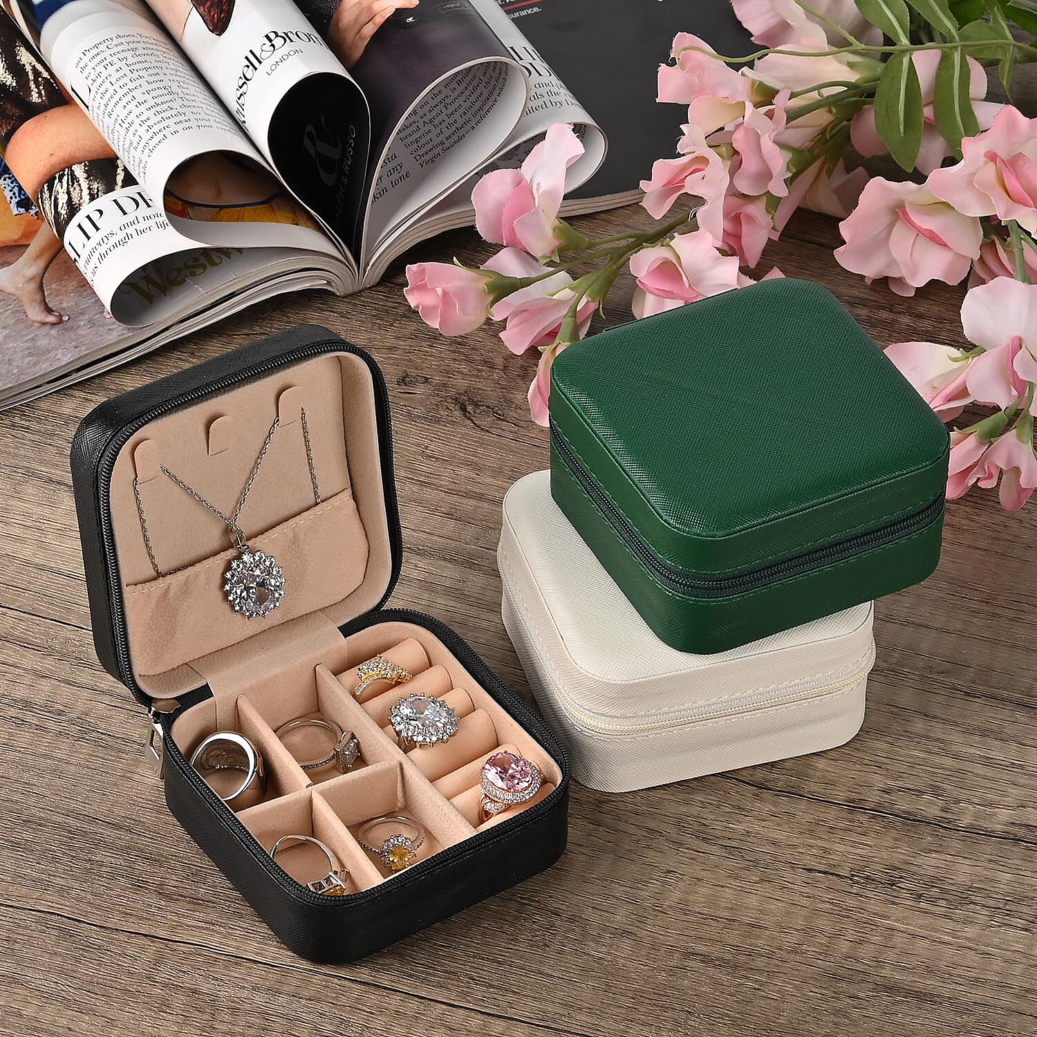 Set of 3 Jewellery Box With Soft Velvet Interior & 3 Hooks (Size 10x10x5 cm) - Black, White & Green