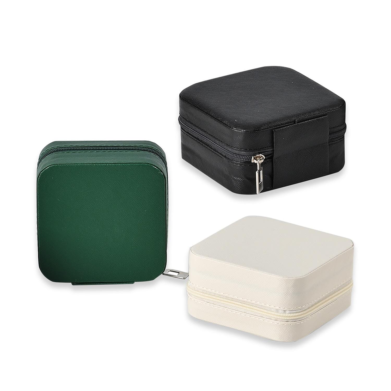 Set of 3 Jewellery Box With Soft Velvet Interior & 3 Hooks (Size 10x10x5 cm) - Black, White & Green