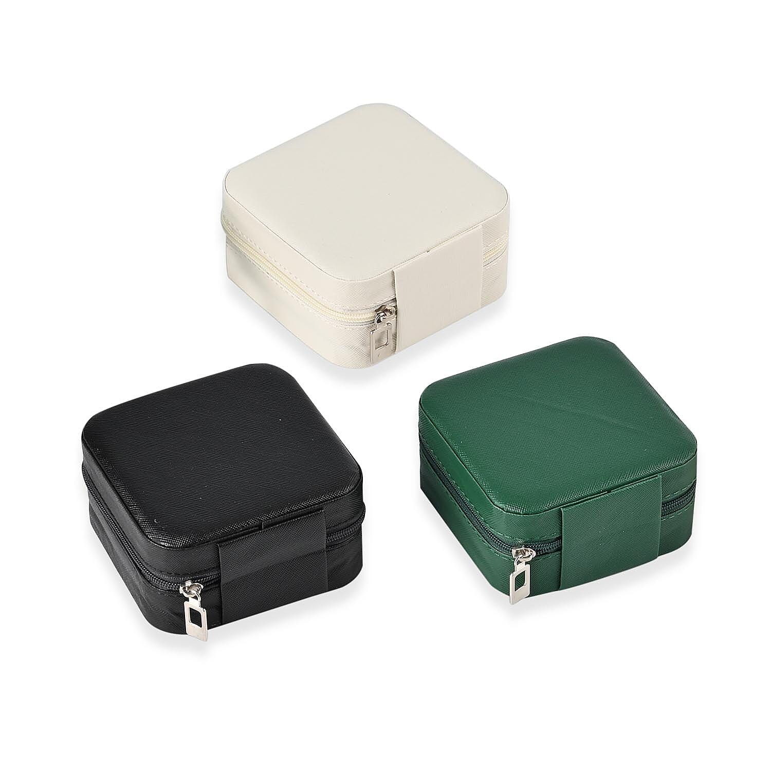 Set of 3 Jewellery Box With Soft Velvet Interior & 3 Hooks (Size 10x10x5 cm) - Black, White & Green