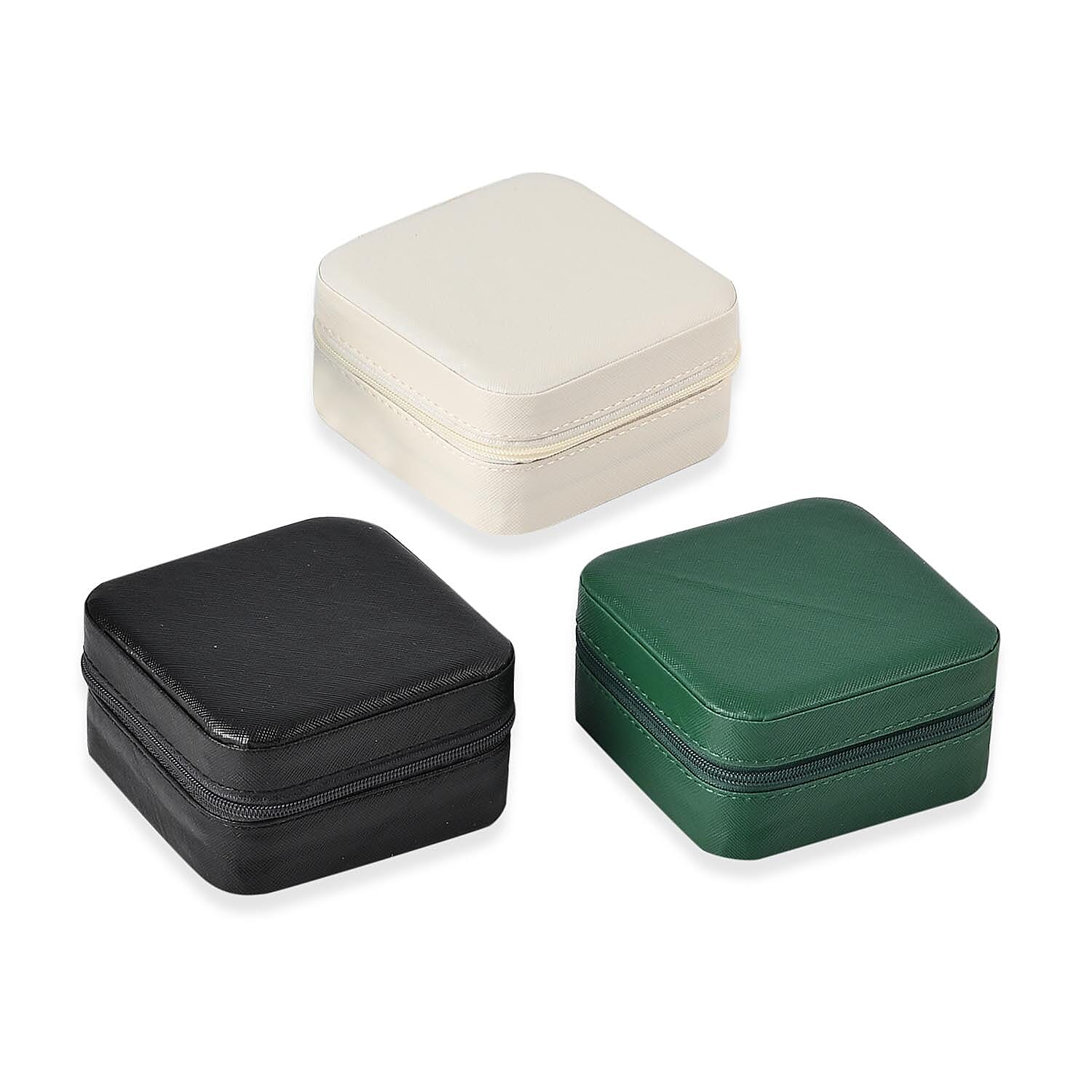 Set of 3 Jewellery Box With Soft Velvet Interior & 3 Hooks (Size 10x10x5 cm) - Black, White & Green