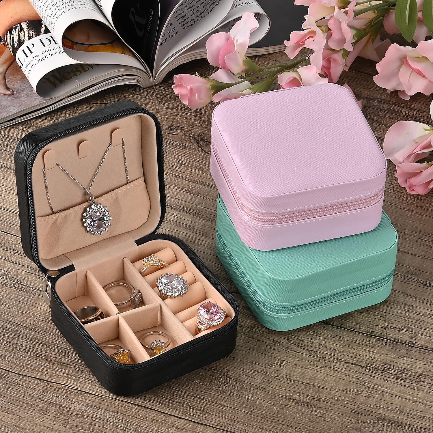 Set of 3 Leatherette Jewellery Box With Soft Velvet Interior & 3 Hooks (Size 10x10x5 cm) - Pink, Blue & Black