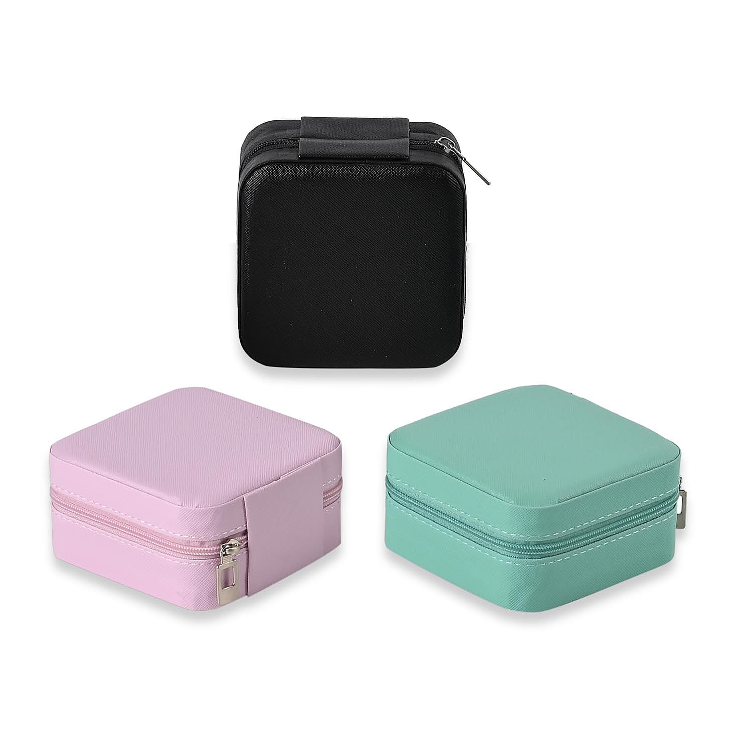 Set of 3 Leatherette Jewellery Box With Soft Velvet Interior & 3 Hooks (Size 10x10x5 cm) - Pink, Blue & Black