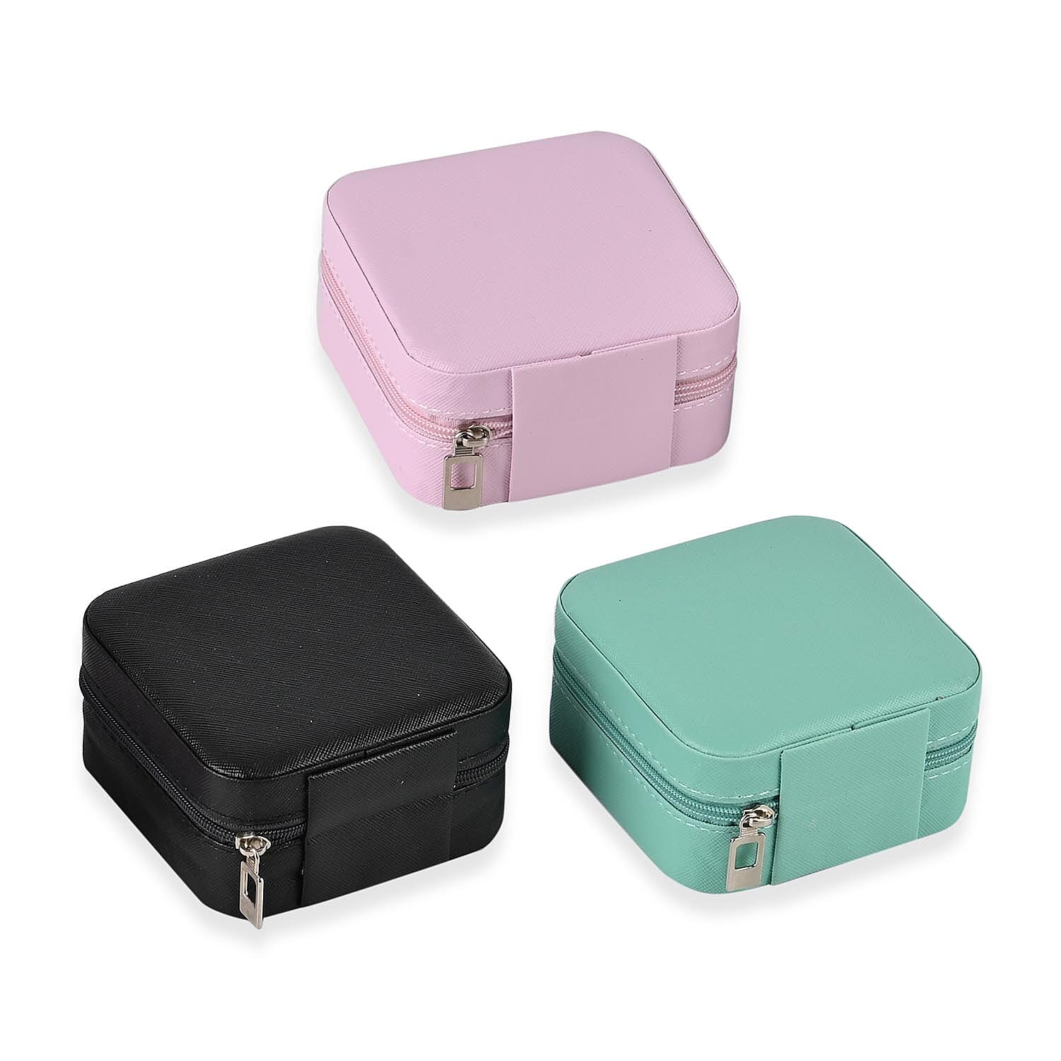 Set of 3 Leatherette Jewellery Box With Soft Velvet Interior & 3 Hooks (Size 10x10x5 cm) - Pink, Blue & Black
