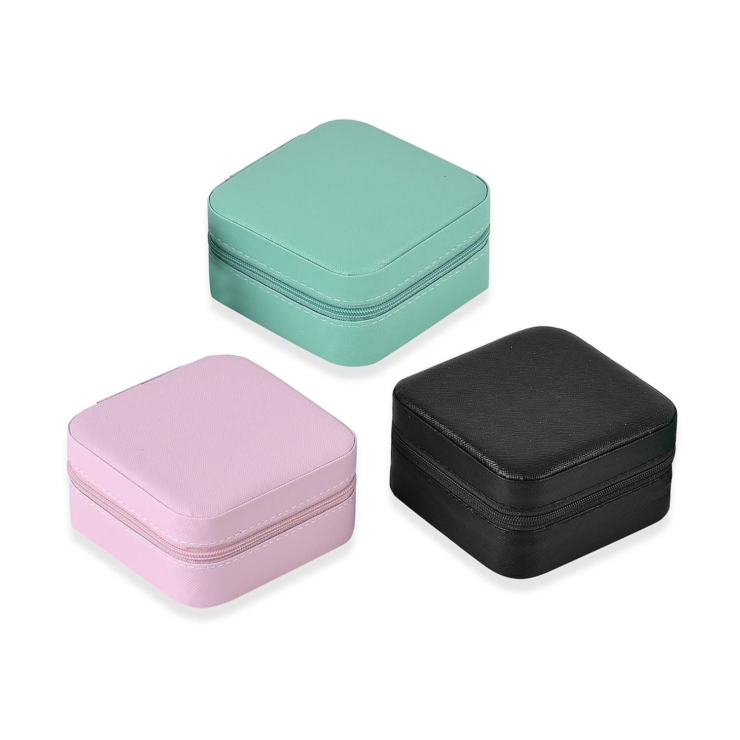 Set of 3 Leatherette Jewellery Box With Soft Velvet Interior & 3 Hooks (Size 10x10x5 cm) - Pink, Blue & Black
