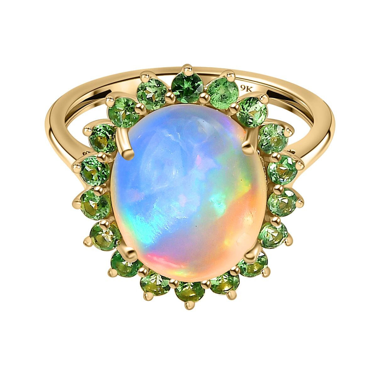 9K Yellow Gold Ethiopian Welo Opal & Tsavorite Garnet Ring 3.51 Ct.