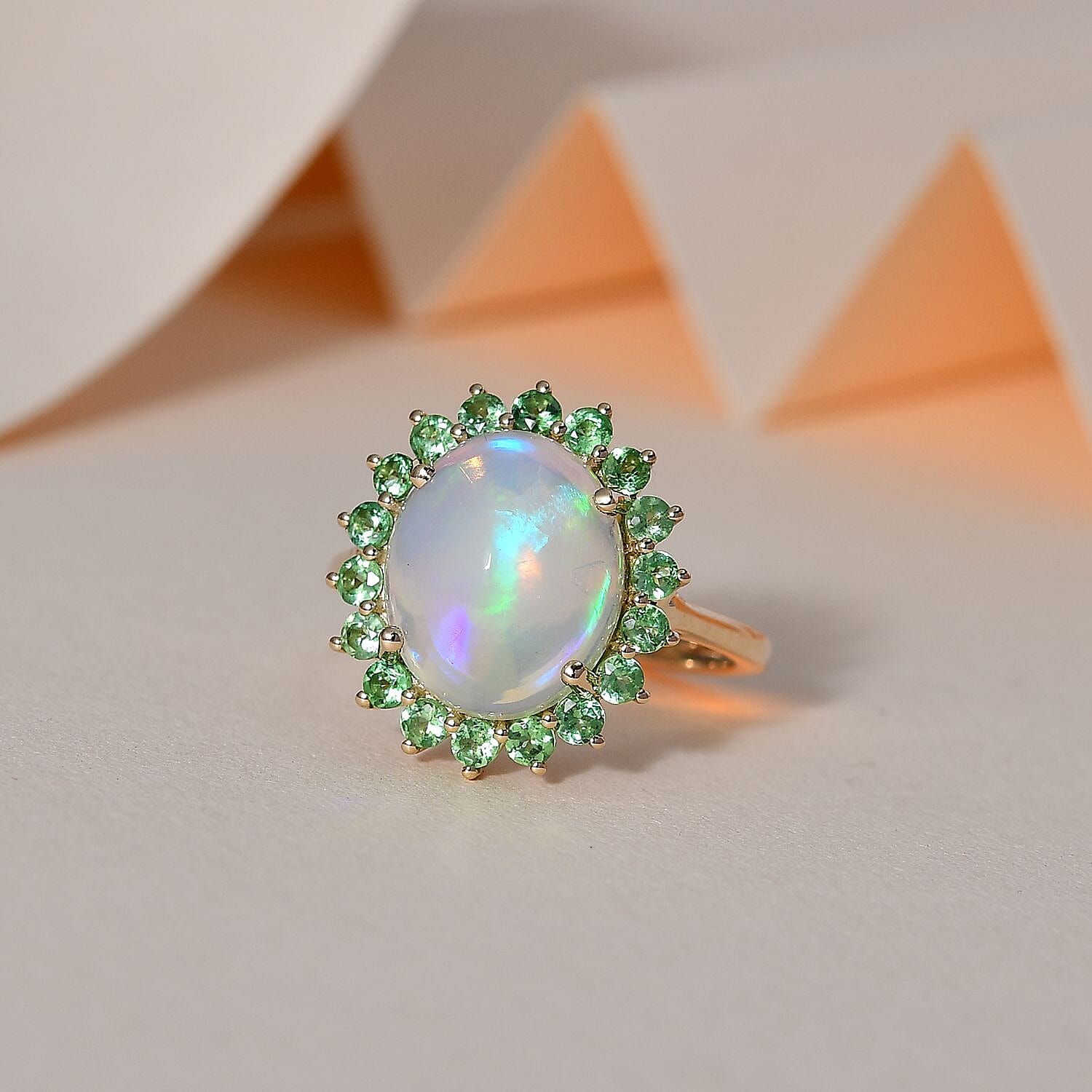 9K Yellow Gold Ethiopian Welo Opal & Tsavorite Garnet Ring 3.51 Ct.