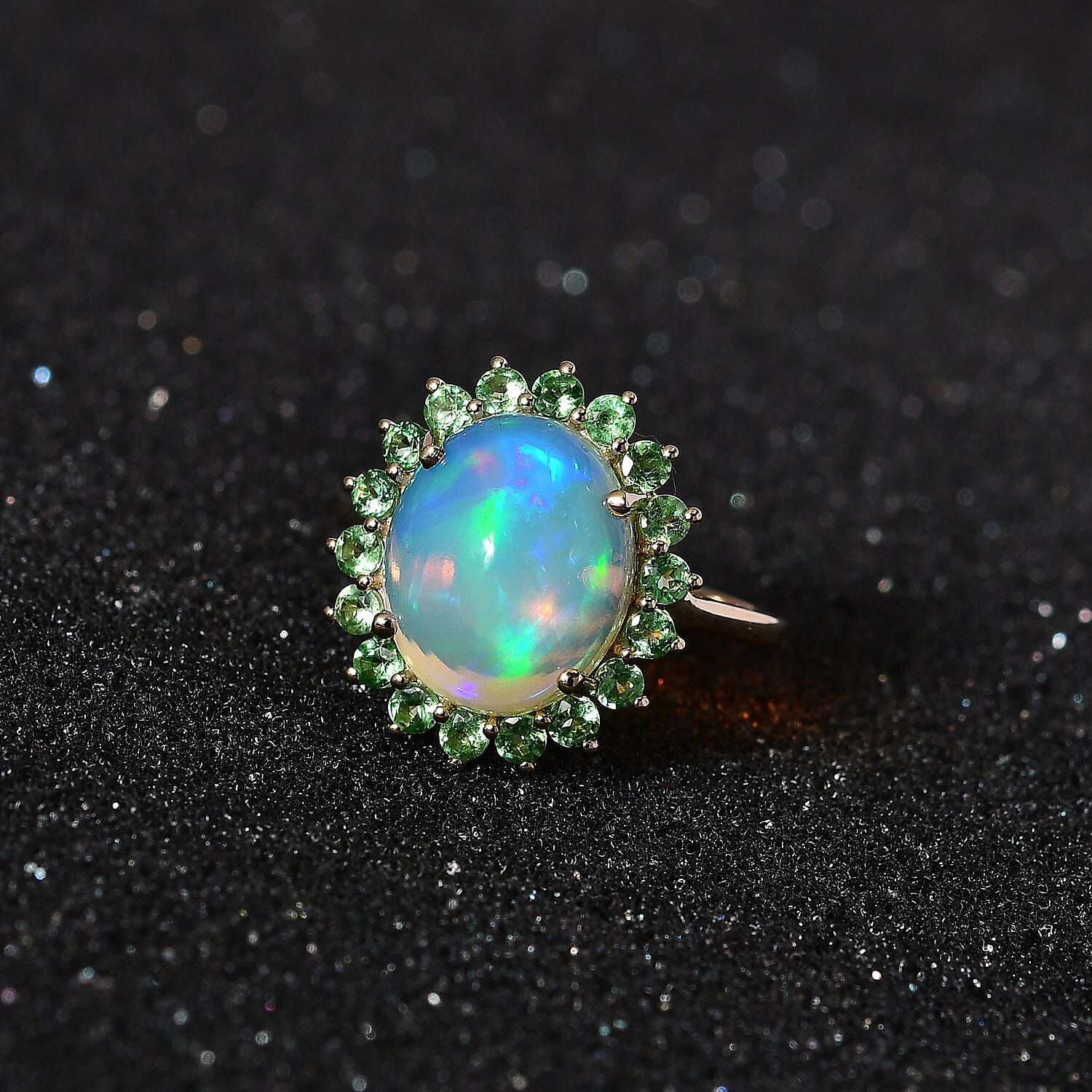 9K Yellow Gold Ethiopian Welo Opal & Tsavorite Garnet Ring 3.51 Ct.