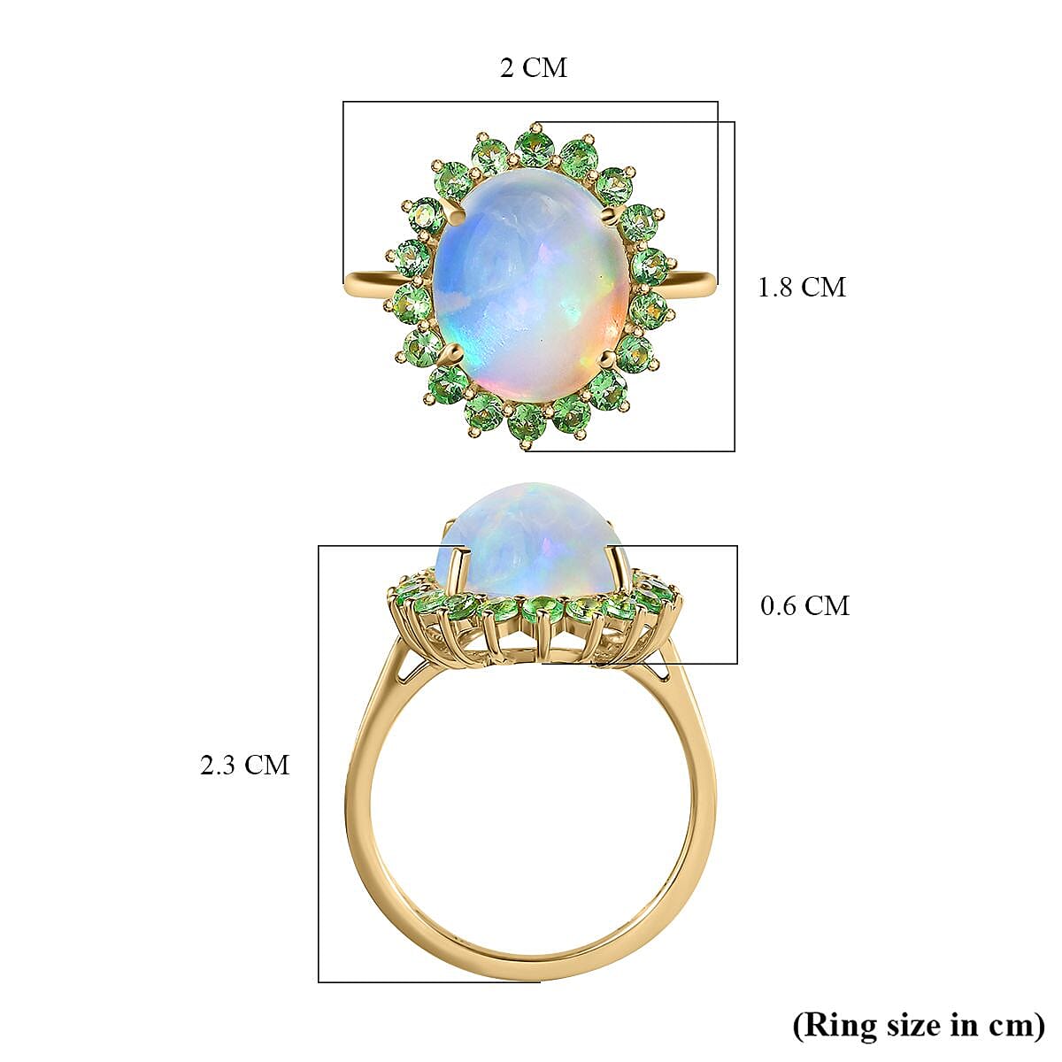 9K Yellow Gold Ethiopian Welo Opal & Tsavorite Garnet Ring 3.51 Ct.