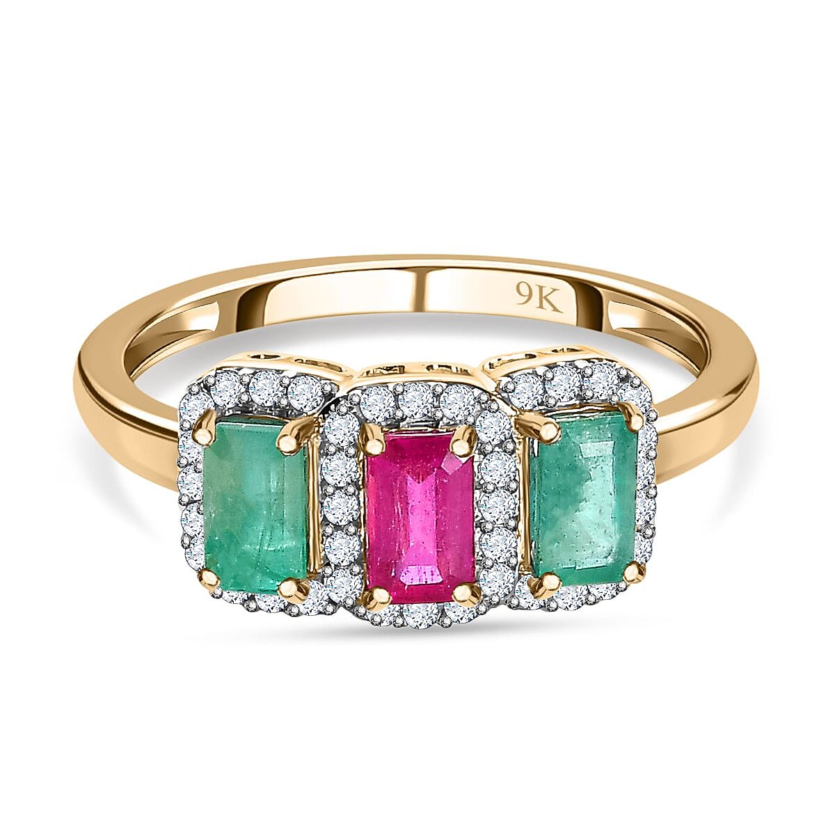 9K Yellow Gold African Ruby, Emerald & Moissanite Ring 1.37 Ct