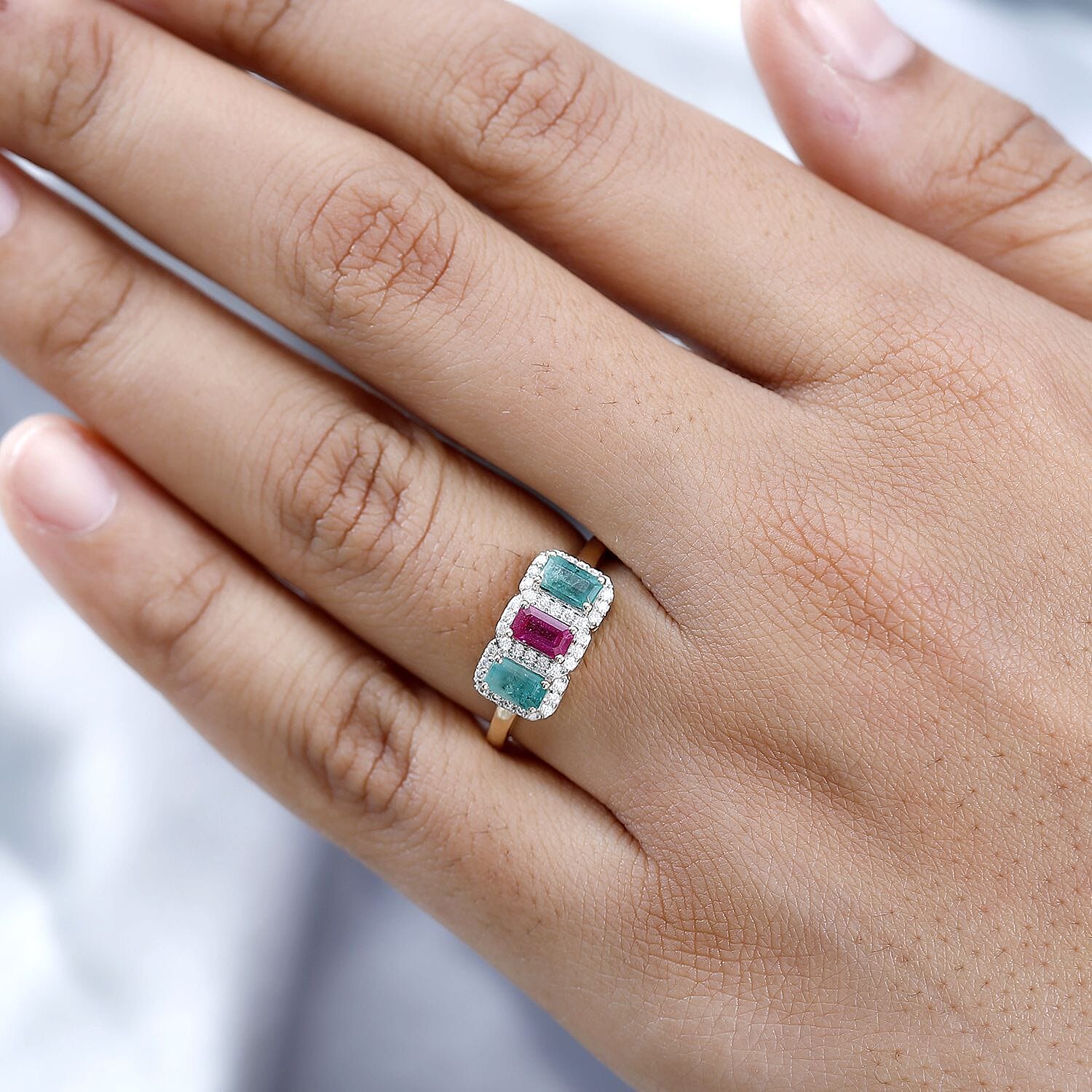 9K Yellow Gold African Ruby, Emerald & Moissanite Ring 1.37 Ct