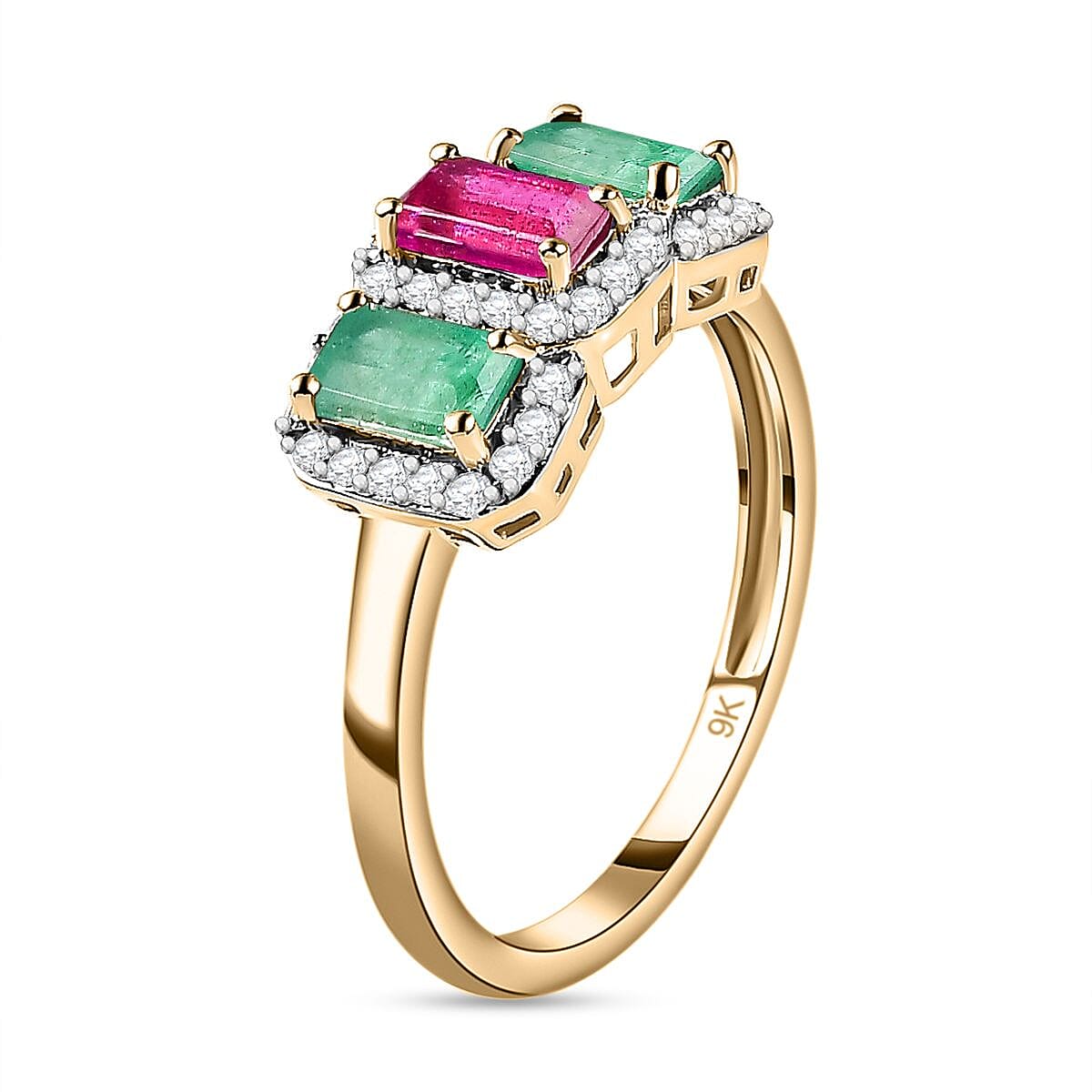9K Yellow Gold African Ruby, Emerald & Moissanite Ring 1.37 Ct