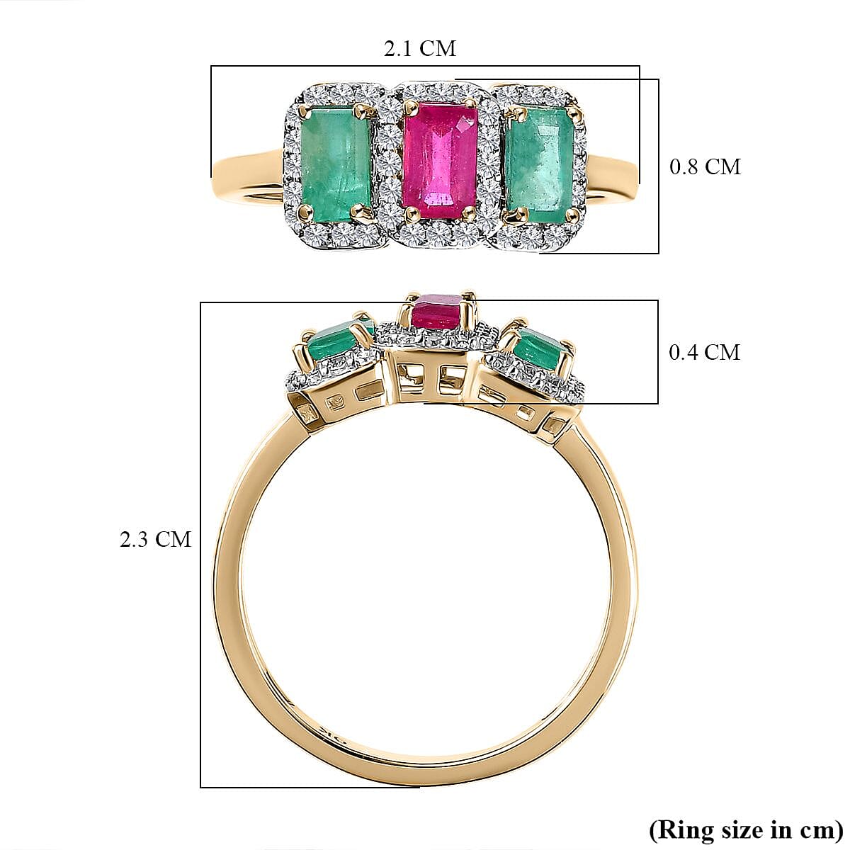 9K Yellow Gold African Ruby, Emerald & Moissanite Ring 1.37 Ct