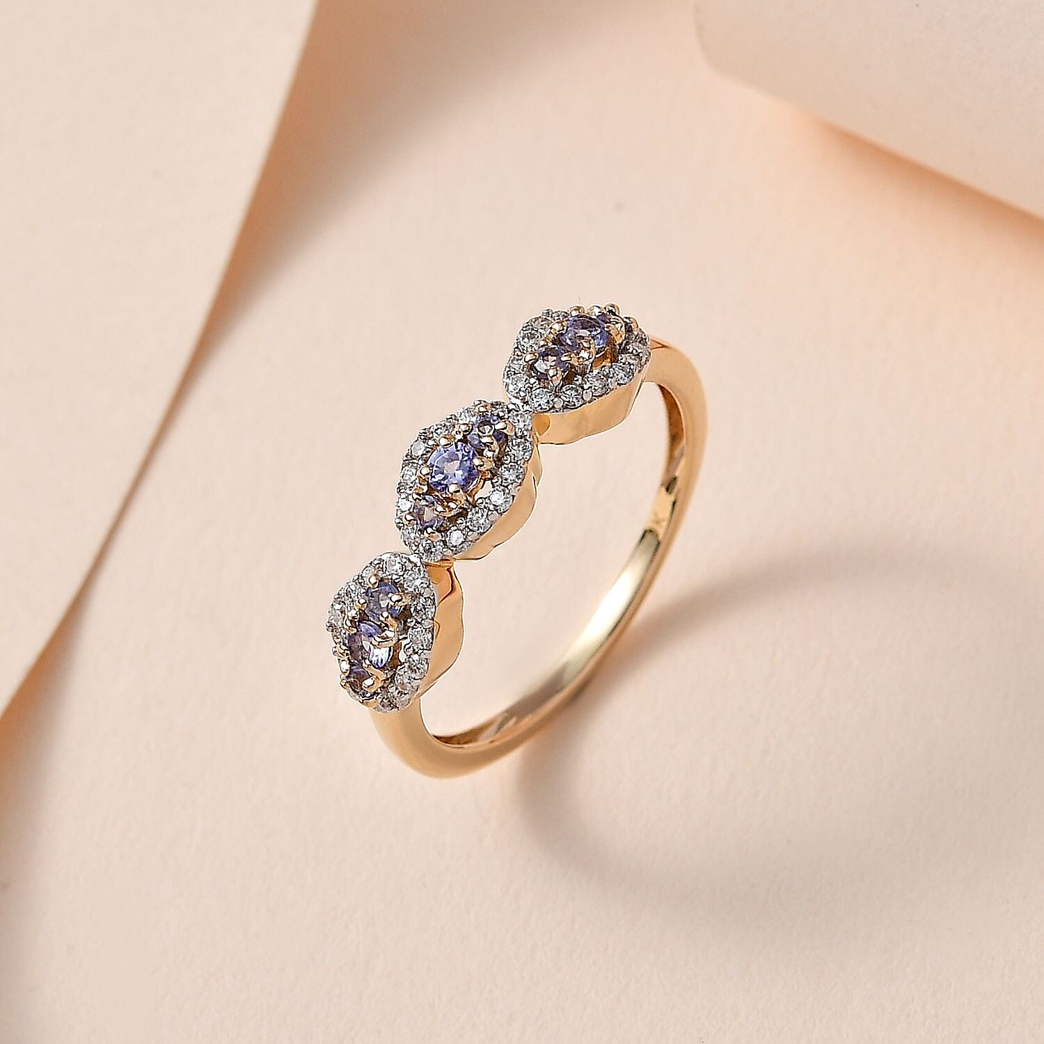 9K Gold  AA   Tanzanite,  Moissanite  Main Stone With Side Stone Ring  