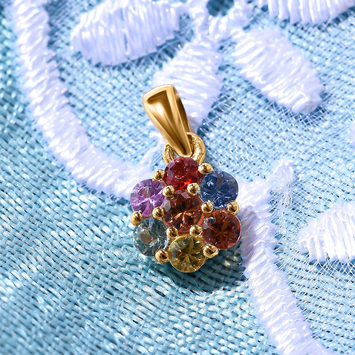 9K Yellow Gold Rainbow Sapphire Floral Pendant