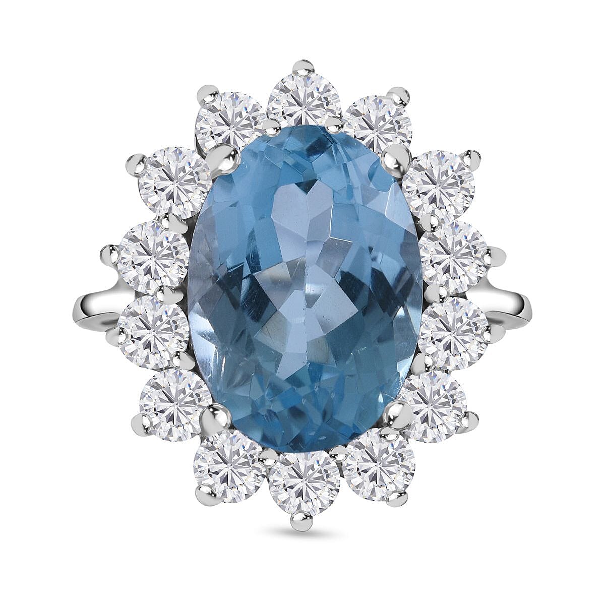 Skyblue Topaz and Natural Zircon Halo Ring in Rhodium Overlay Sterling Silver 10.00 Ct.