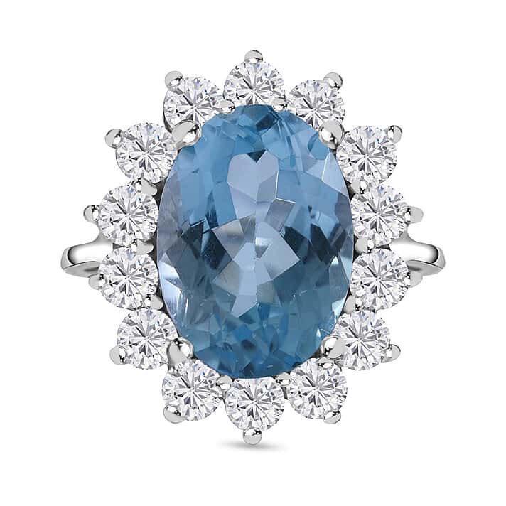 Skyblue Topaz and Natural Zircon Halo Ring in Rhodium Overlay Sterling Silver 10.00 Ct.