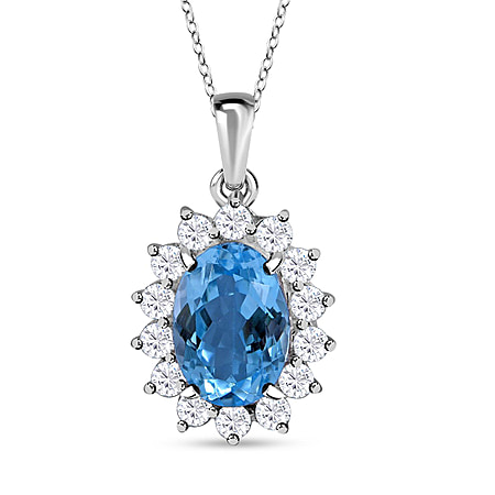 Skyblue Blue Topaz and Natural Zircon Pendant with Chain (Size 20) in Rhodium Overlay Sterling Silver 10.00 Ct.