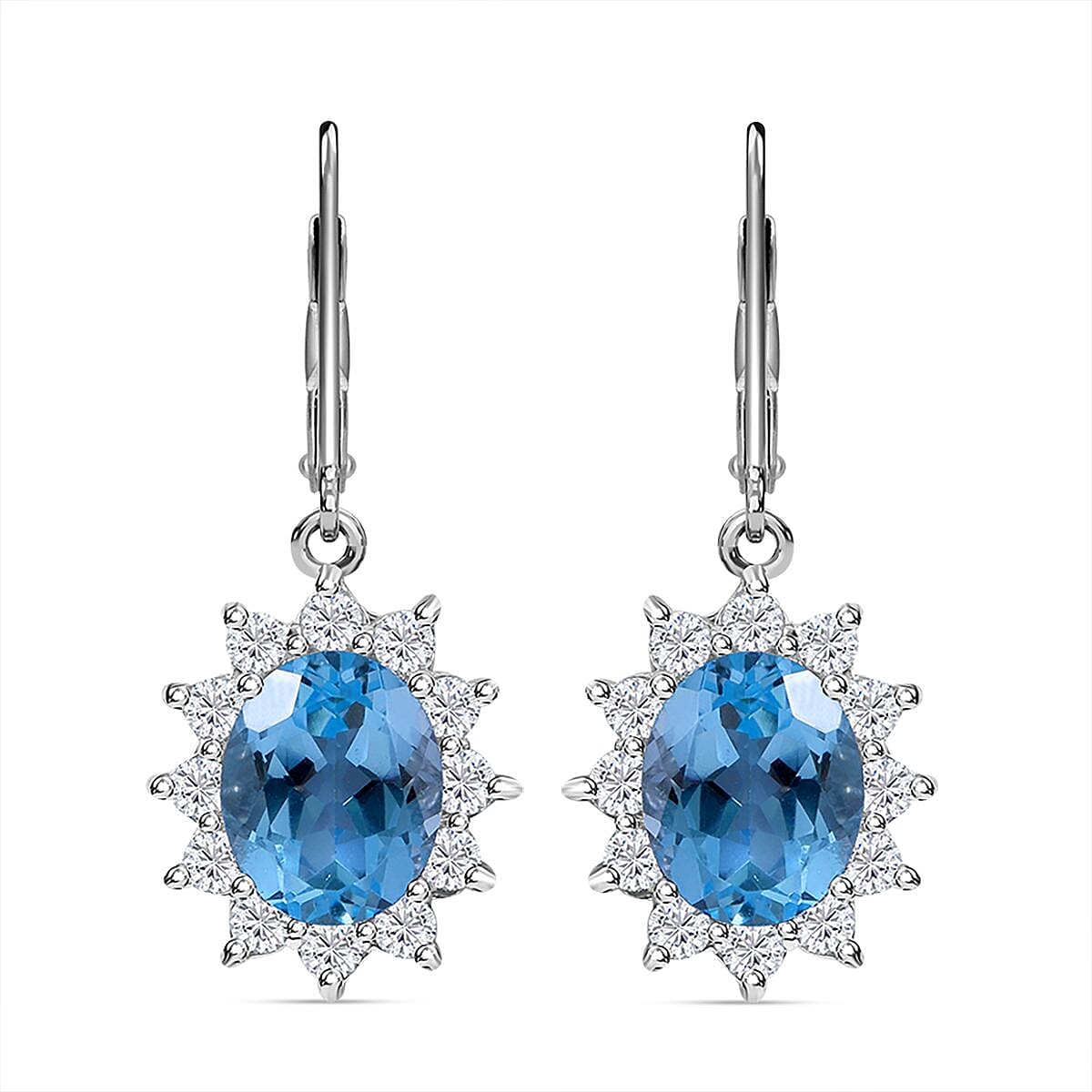 D'Joy Skyblue Blue Topaz & Natural Zircon Lever Back Earrings in Rhodium Overlay Sterling Silver 8.11 Ct.