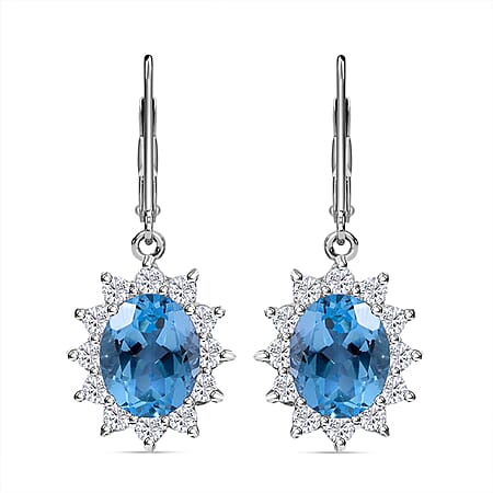 D'Joy Skyblue Blue Topaz & Natural Zircon Lever Back Earrings in Rhodium Overlay Sterling Silver 8.11 Ct.