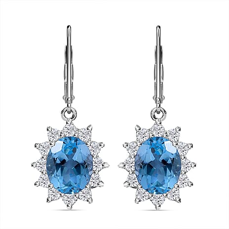 D'Joy Skyblue Blue Topaz & Natural Zircon Lever Back Earrings in Rhodium Overlay Sterling Silver 8.11 Ct.