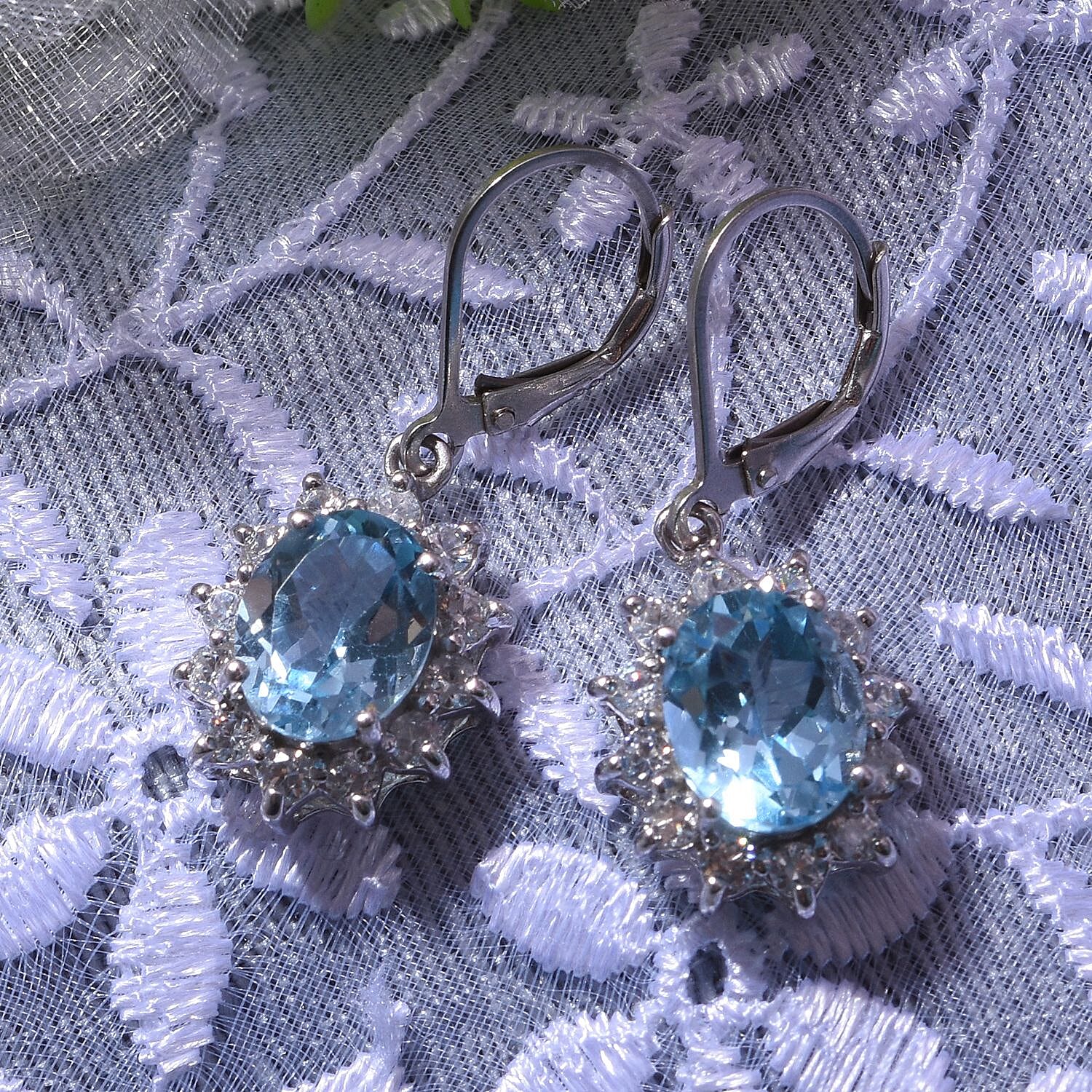 D'Joy Skyblue Blue Topaz & Natural Zircon Lever Back Earrings in Rhodium Overlay Sterling Silver 8.11 Ct.
