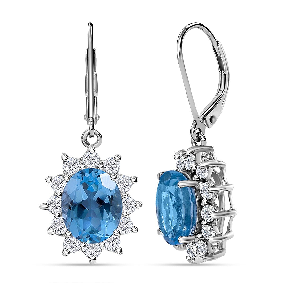 D'Joy Skyblue Blue Topaz & Natural Zircon Lever Back Earrings in Rhodium Overlay Sterling Silver 8.11 Ct.