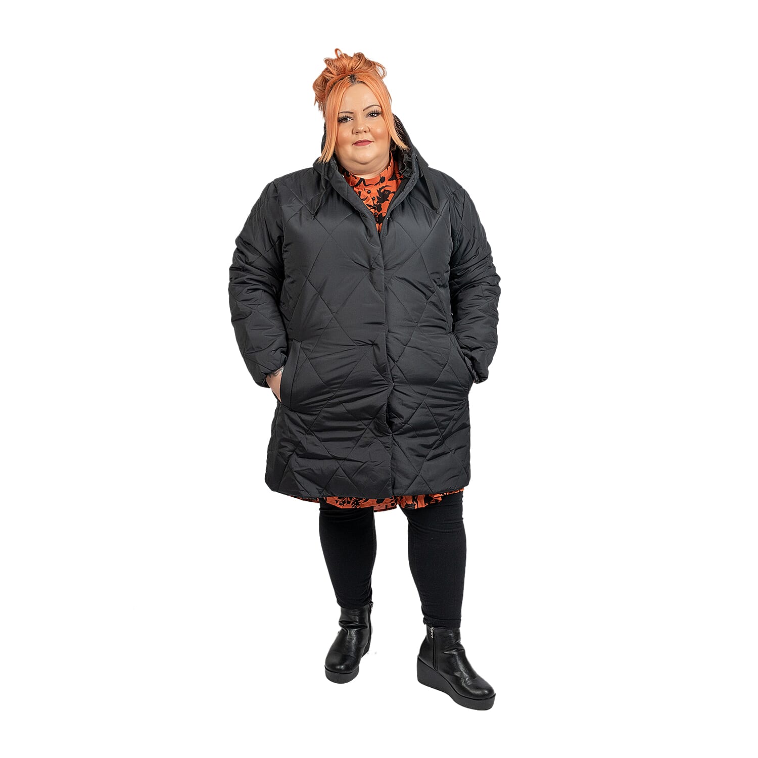 Closeout Deal Black Quilted Long Coat - Size 18