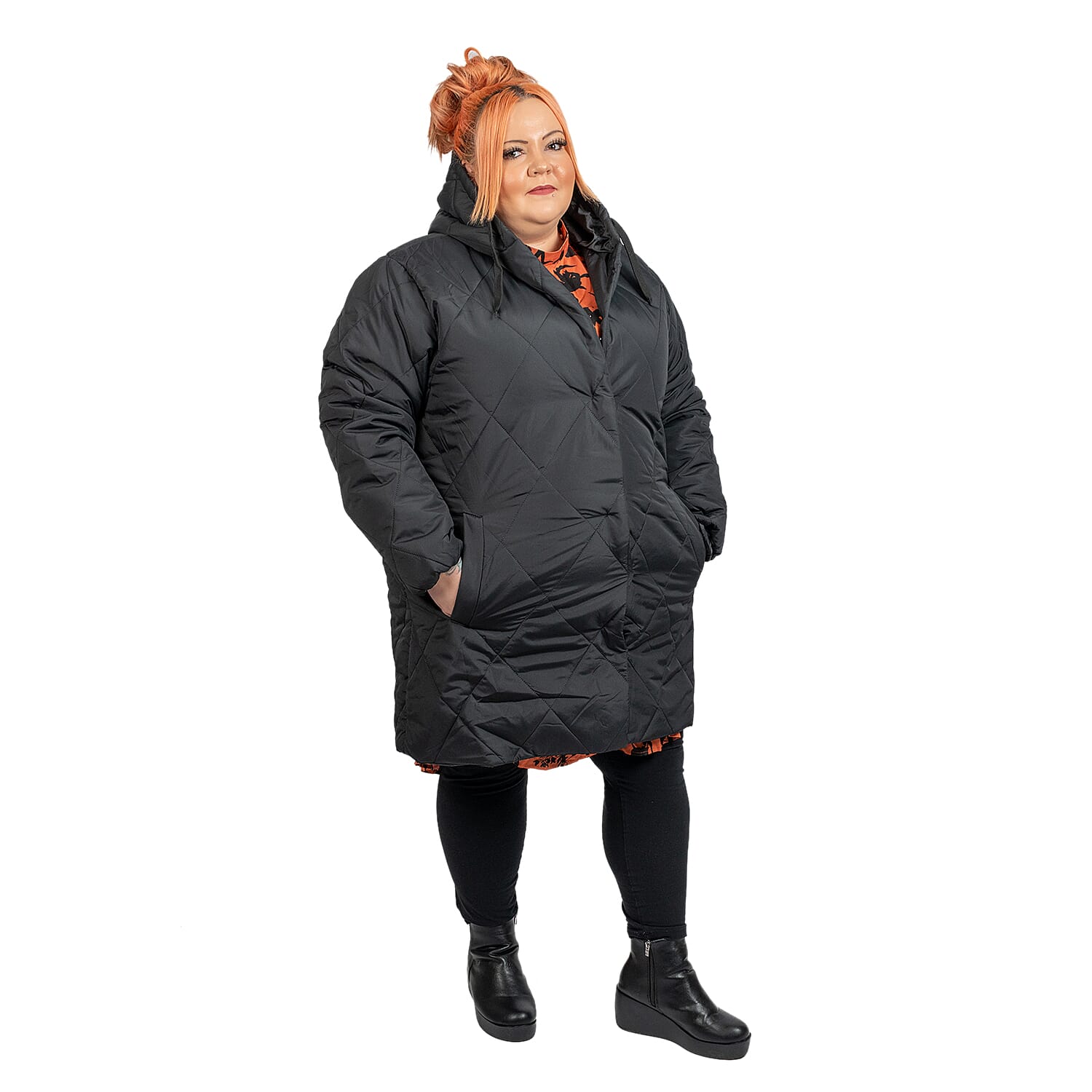 Black Quilted Long Coat - Size 18