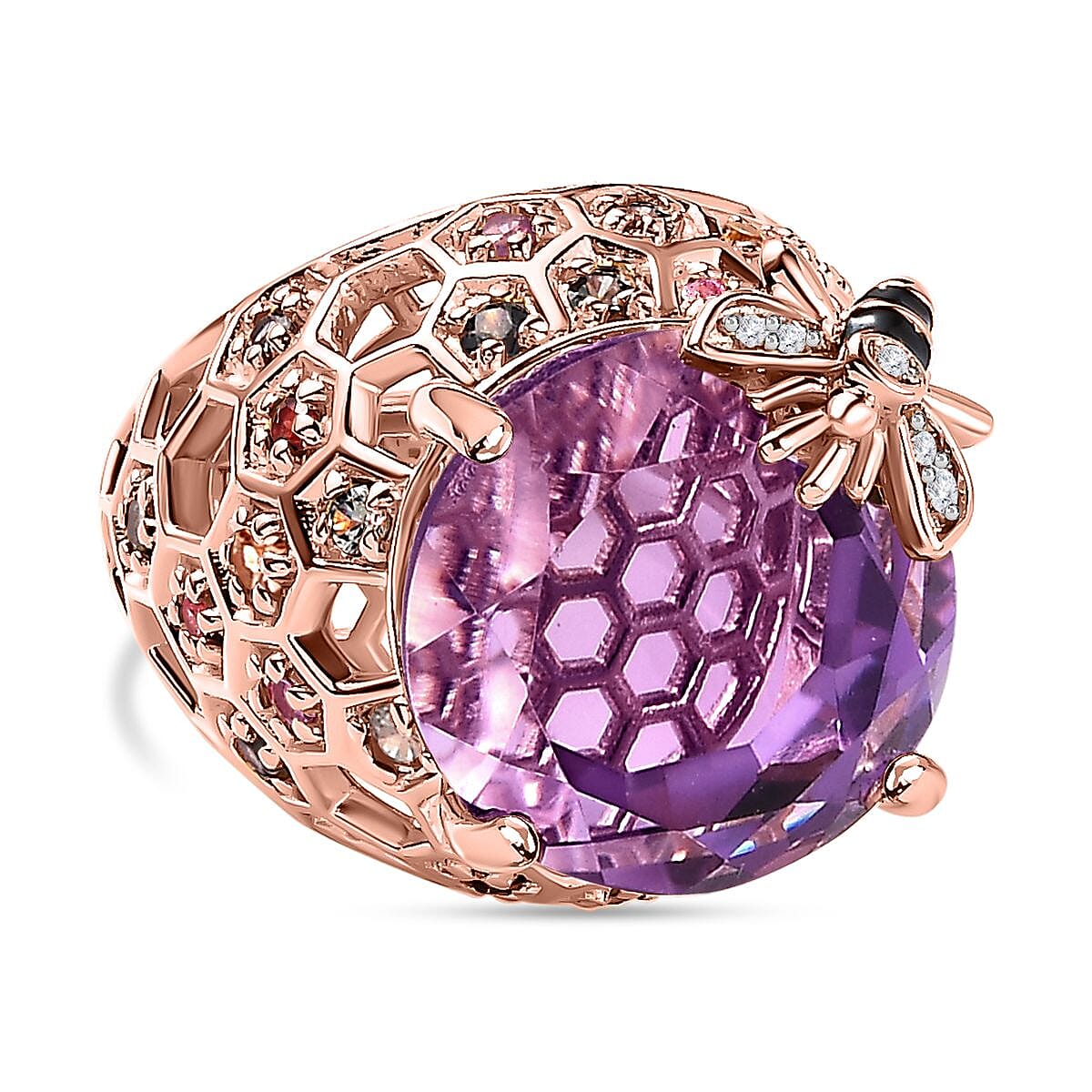 GP HoneyComb Collection - Amethyst, Multi Sapphire & Natural Zircon Ring in 18K Vermeil Rose Gold Plated Sterling Silver 16.55 Ct, Silver Wt. 8.56 Gms