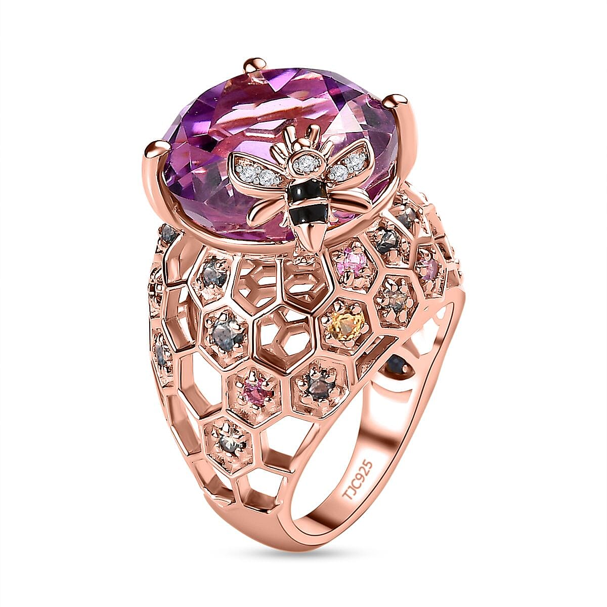 GP HoneyComb Collection - Amethyst, Multi Sapphire & Natural Zircon Ring in 18K Vermeil Rose Gold Plated Sterling Silver 16.55 Ct, Silver Wt. 8.56 Gms