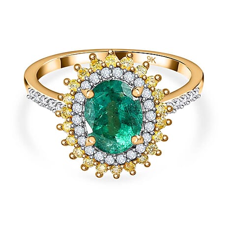 9K Yellow Gold AAA Zambian Emerald & Natural Yellow Diamond , White Diamond Halo Ring 1.50 Ct 9K Yellow Gold AAA Zambian Emerald & Natural Yellow Diamond , White Diamond Halo Ring 1.50 Ct