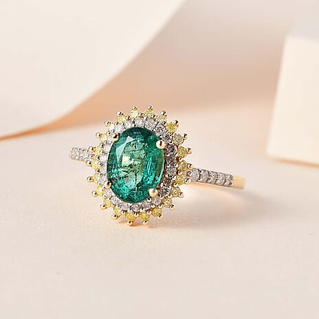 9K Yellow Gold AAA Zambian Emerald & Natural Yellow Diamond ,  White Diamond Halo Ring 1.50 Ct