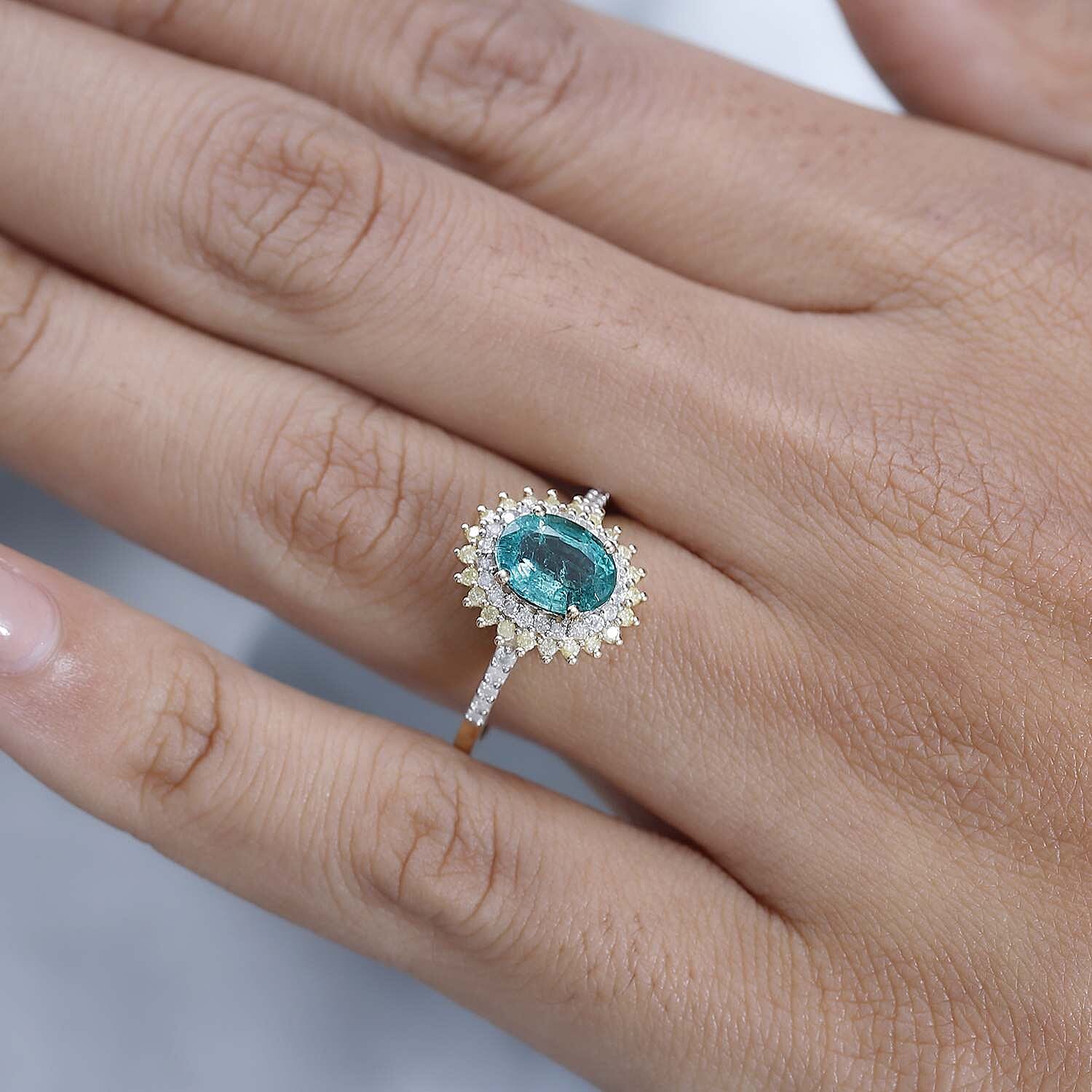 9K Yellow Gold AAA Zambian Emerald, Natural Yellow Diamond & White Diamond Halo Ring 1.50 Ct