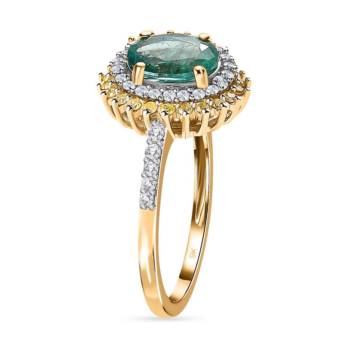 9K Yellow Gold AAA Zambian Emerald, Natural Yellow Diamond & White Diamond Halo Ring 1.50 Ct