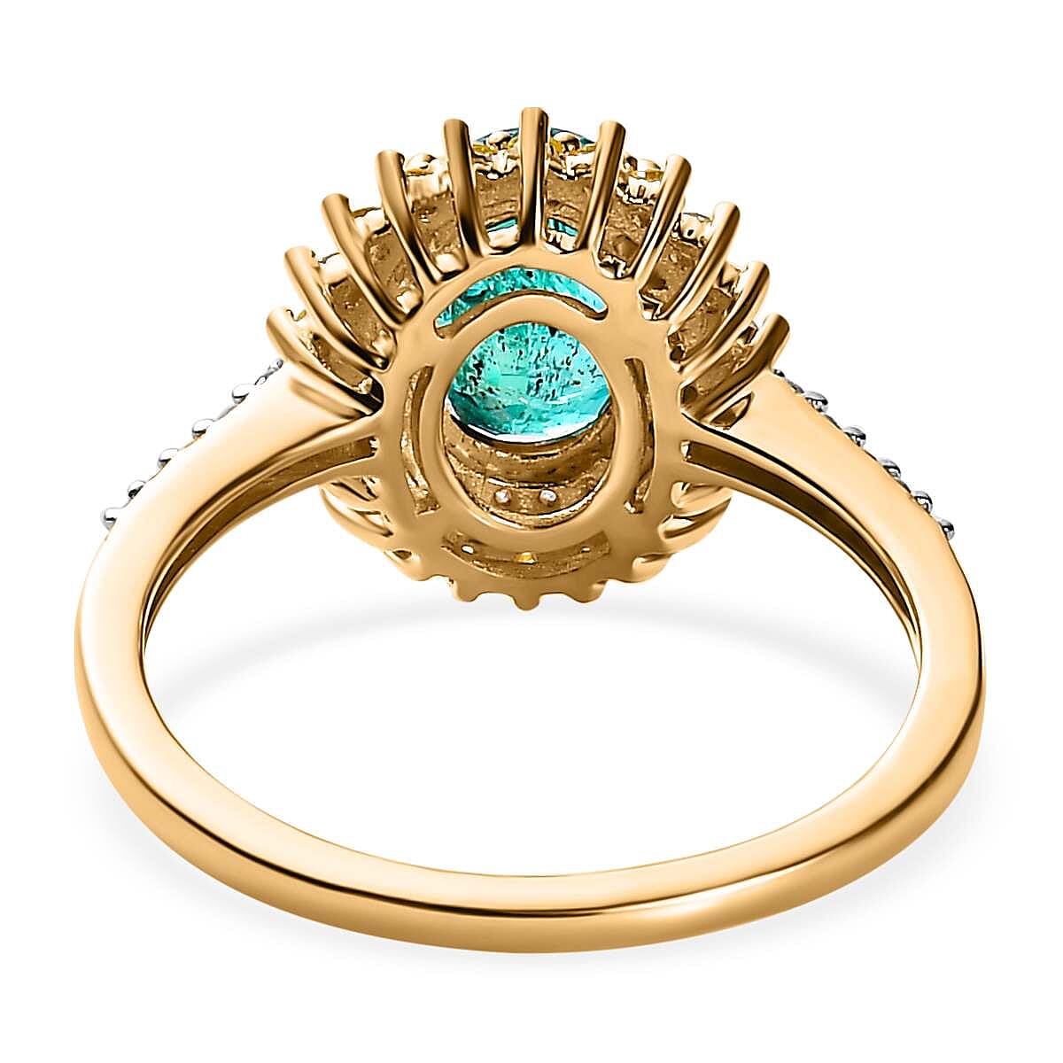 9K Yellow Gold AAA Zambian Emerald, Natural Yellow Diamond & White Diamond Halo Ring 1.50 Ct